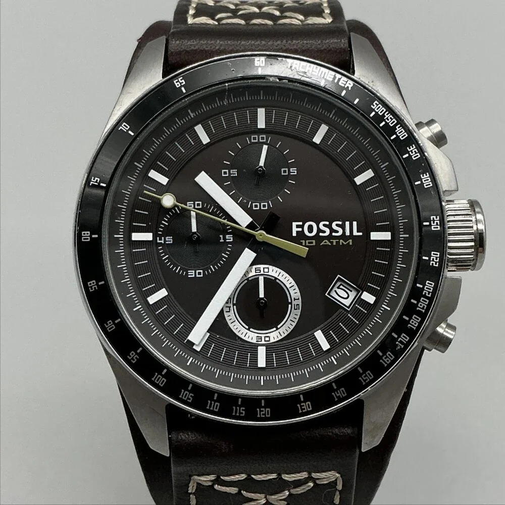 Fossil CH2599 Mens Watch 44mm Black Dial Leather Chronograph Date New Battery